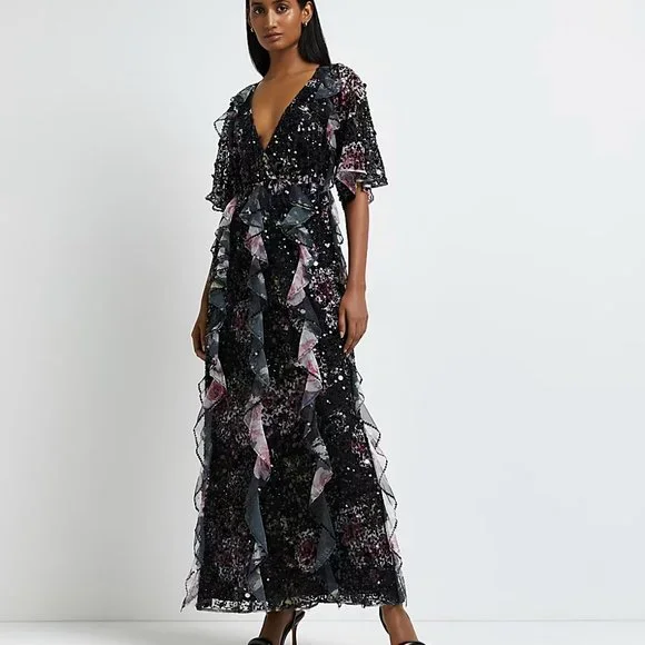 River Island Dresses River Island Black Sequin Frill Wrap Maxi